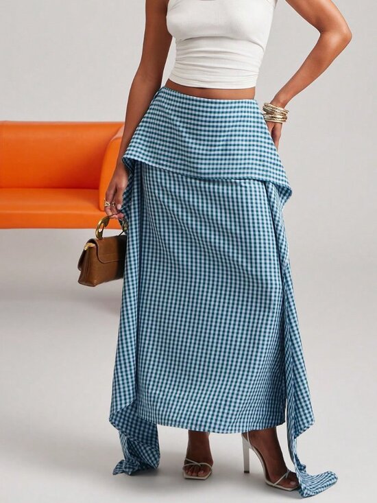 Dresses & Skirts - Multicolor Casual Women's Gingham Plaid Tiered Flare A-Line Midi Skirt